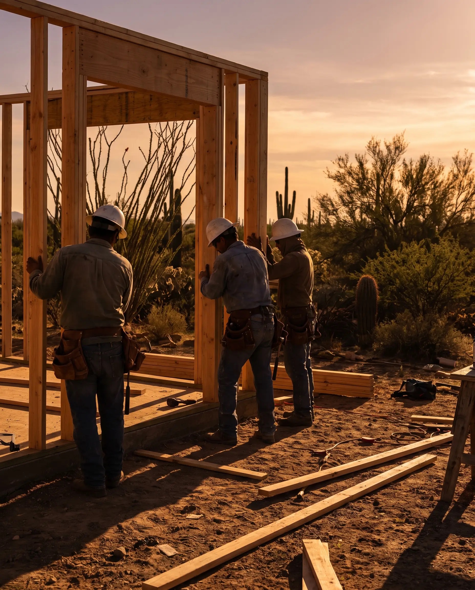 Family construction crew framing a home addition at golden hour in the Sonoran desert