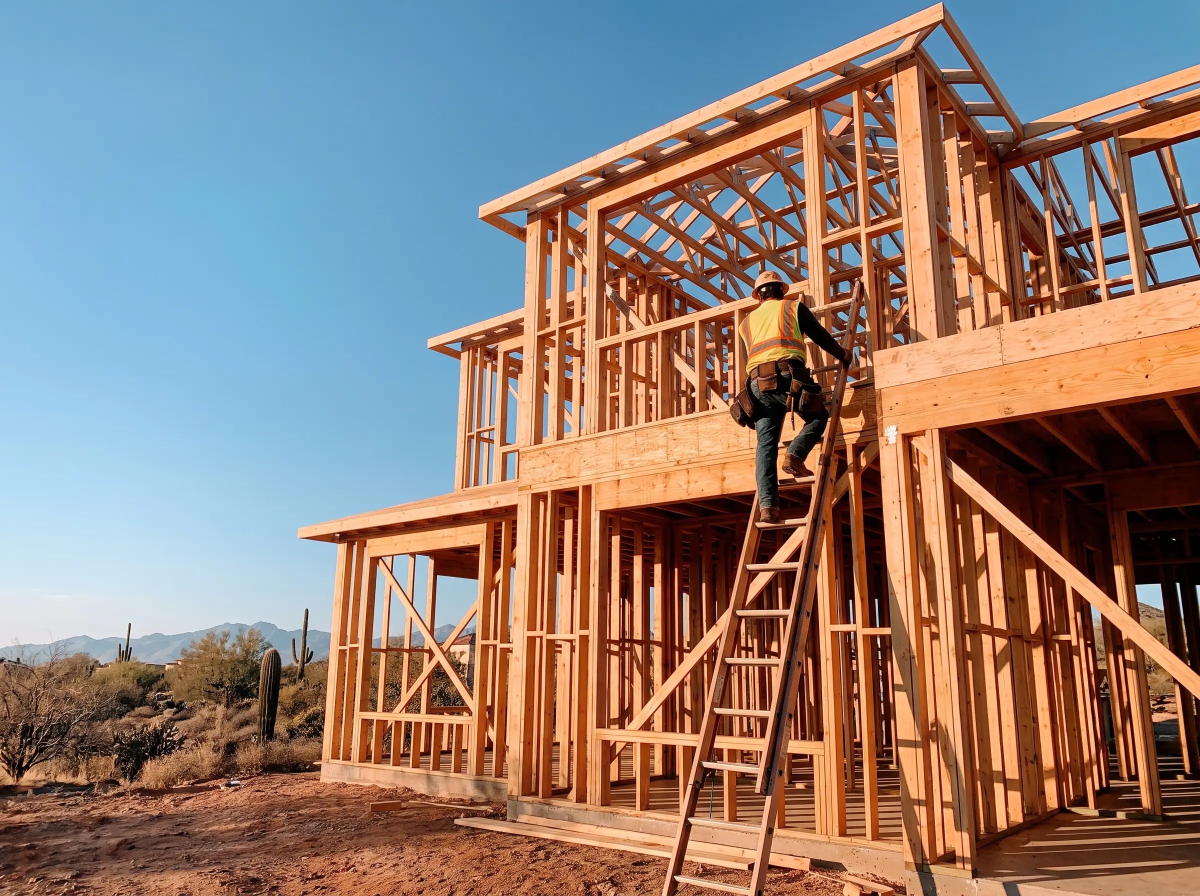Crew member on a ladder framing a two-story custom home under a clear Sonoran desert sky