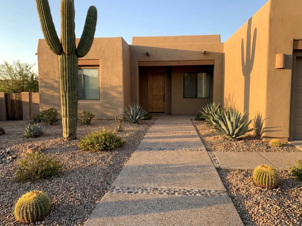 Finished exposed-aggregate walkway with fresh desert landscaping