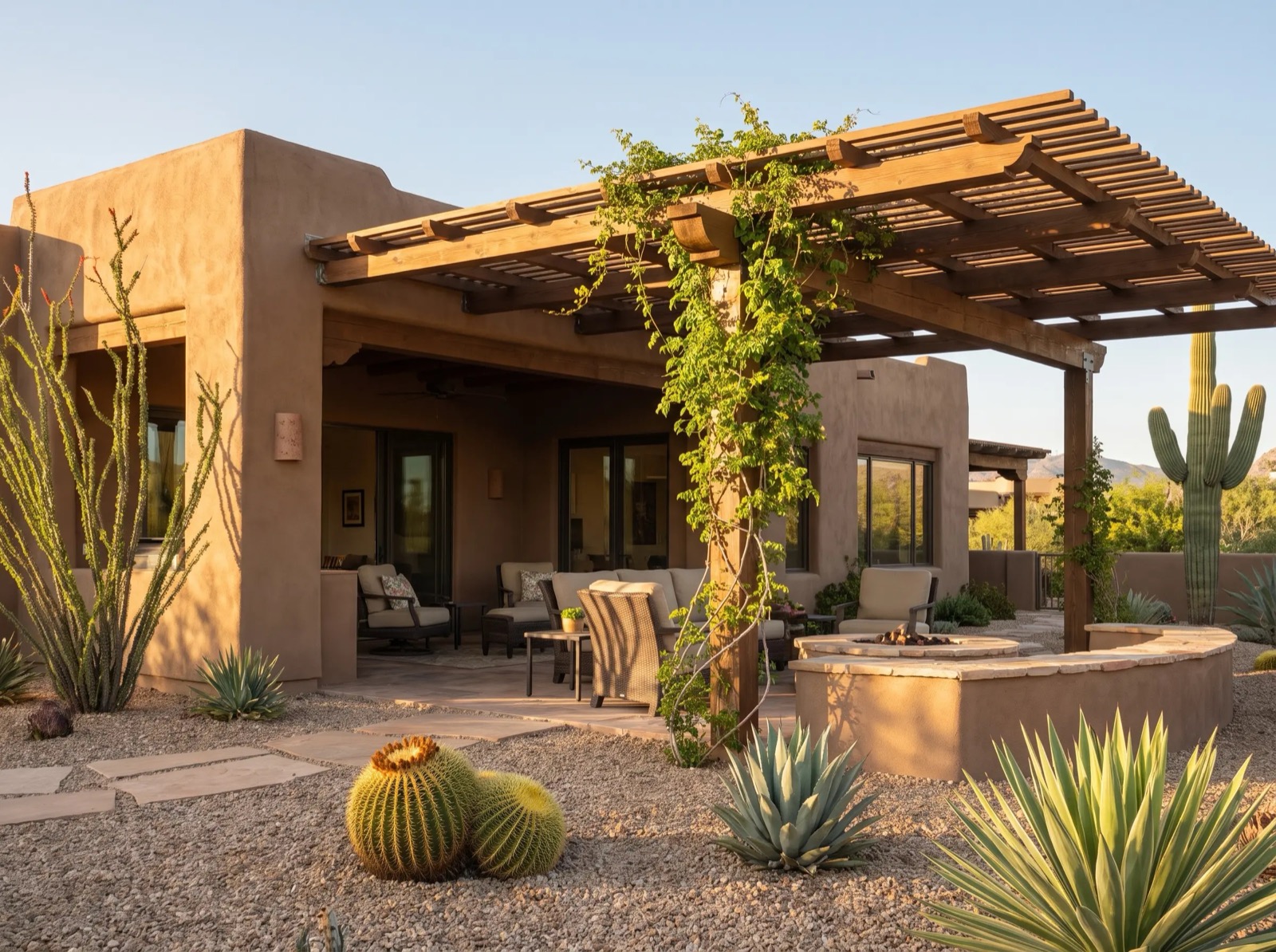 Finished patio and outdoor living space behind a home