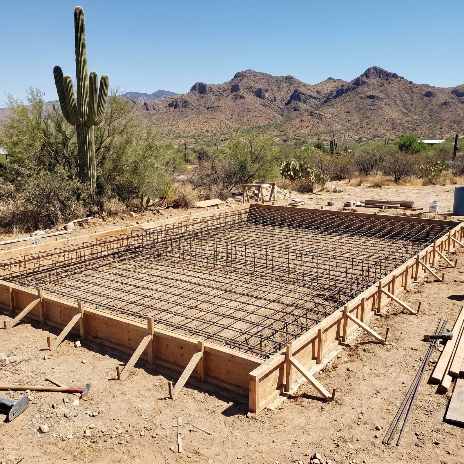 Crew finishing a fresh concrete slab outside a home